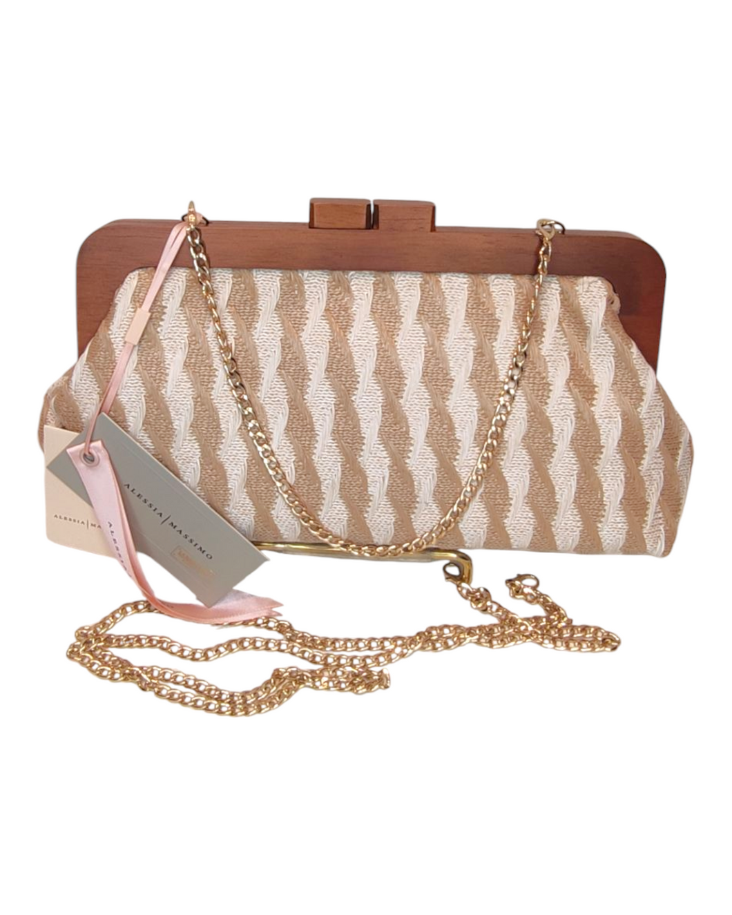 Borsa a mano Alessia Massimo in rafia beige con motivo intrecciato, tracolla oro e dettaglio logo. Elegante borsa da donna, perfetta per ogni occasione. Tracolla lunga e corta, entrambe removibili.