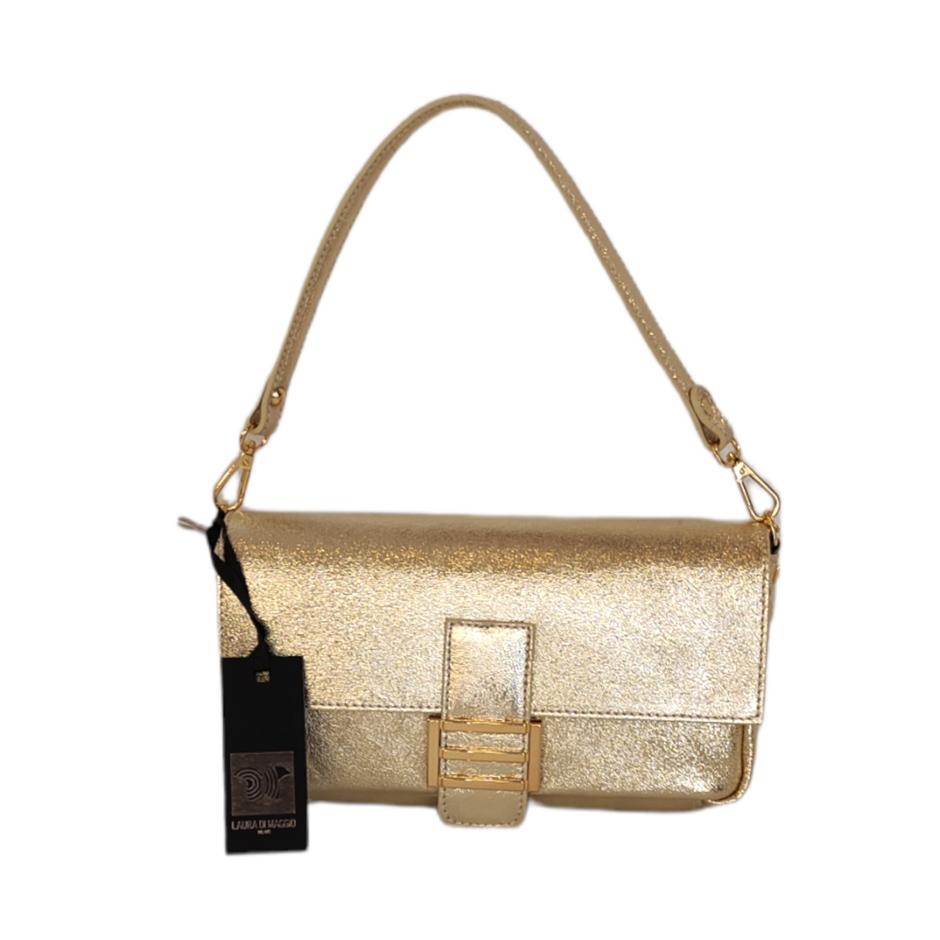 Borsa a spalla oro in vera pelle LAURA DI MAGGIO, modello elegante Made in Italy 26x14x5 cm 