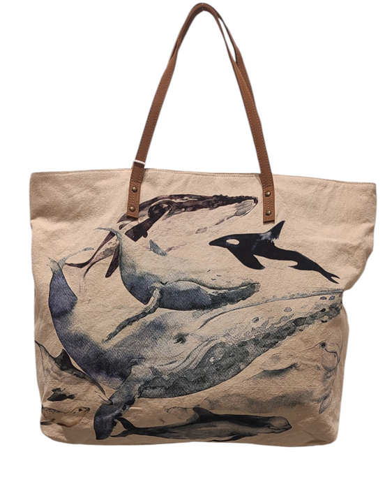Borsa BELLARTE in tessuto canapone beige con stampa delfino, dimensioni 50x40 cm  accessorio moda Made in Italy avanti