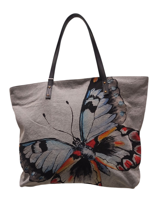 Borsa BELLARTE in tessuto canapone grigio con stampa farfalla, dimensioni 50x40 cm  accessorio moda Made in Italy avanti