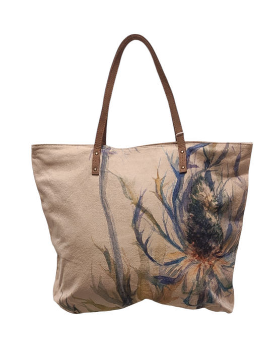 Borsa BELLARTE in tessuto canapone beige con stampa foglie, dimensioni 50x40 cm  accessorio moda Made in Italy avanti