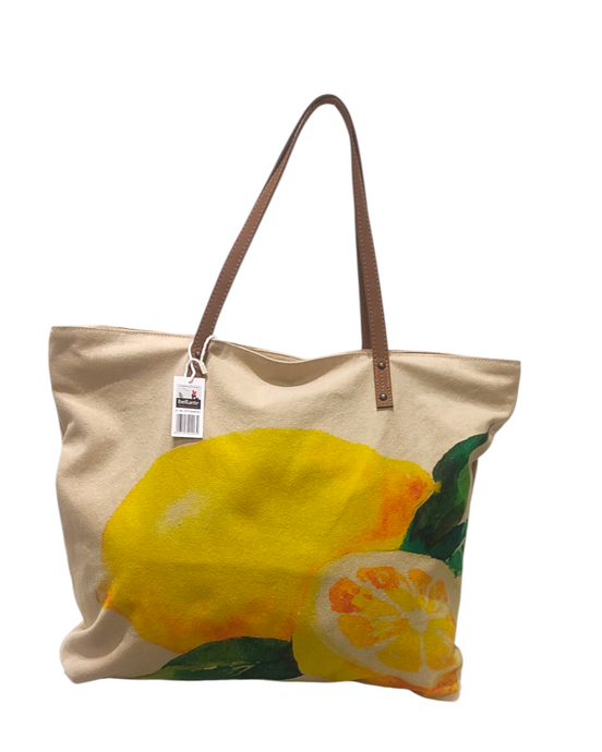 Borsa BELLARTE in tessuto canapone beige con stampa limone giallo dimensioni 50x40 cm  accessorio moda Made in Italy avanti