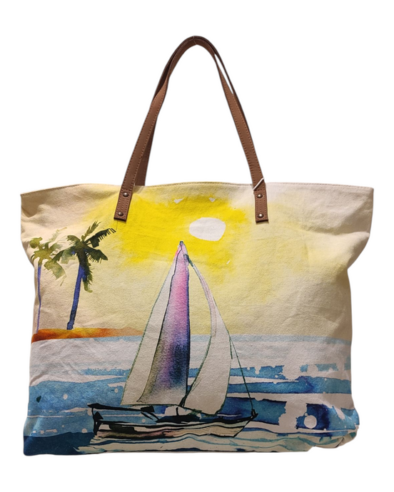 Borsa BELLARTE in tessuto canapone beige con stampa paesaggio, dimensioni 50x40 cm  accessorio moda Made in Italy avanti