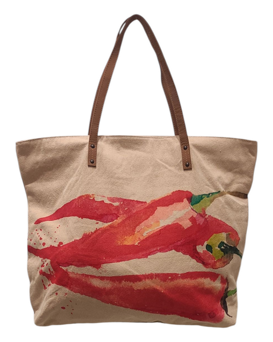 Borsa BELLARTE in tessuto canapone beige con stampa peperone rosso, dimensioni 50x40 cm  accessorio moda Made in Italy avanti