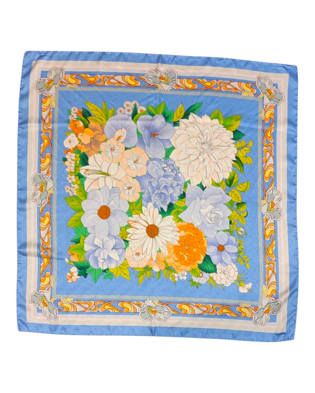 Foulard donna in pura seta Acquamarine con fantasia floreale azzurra e dettagli colorati, dimensioni 90x90 cm
