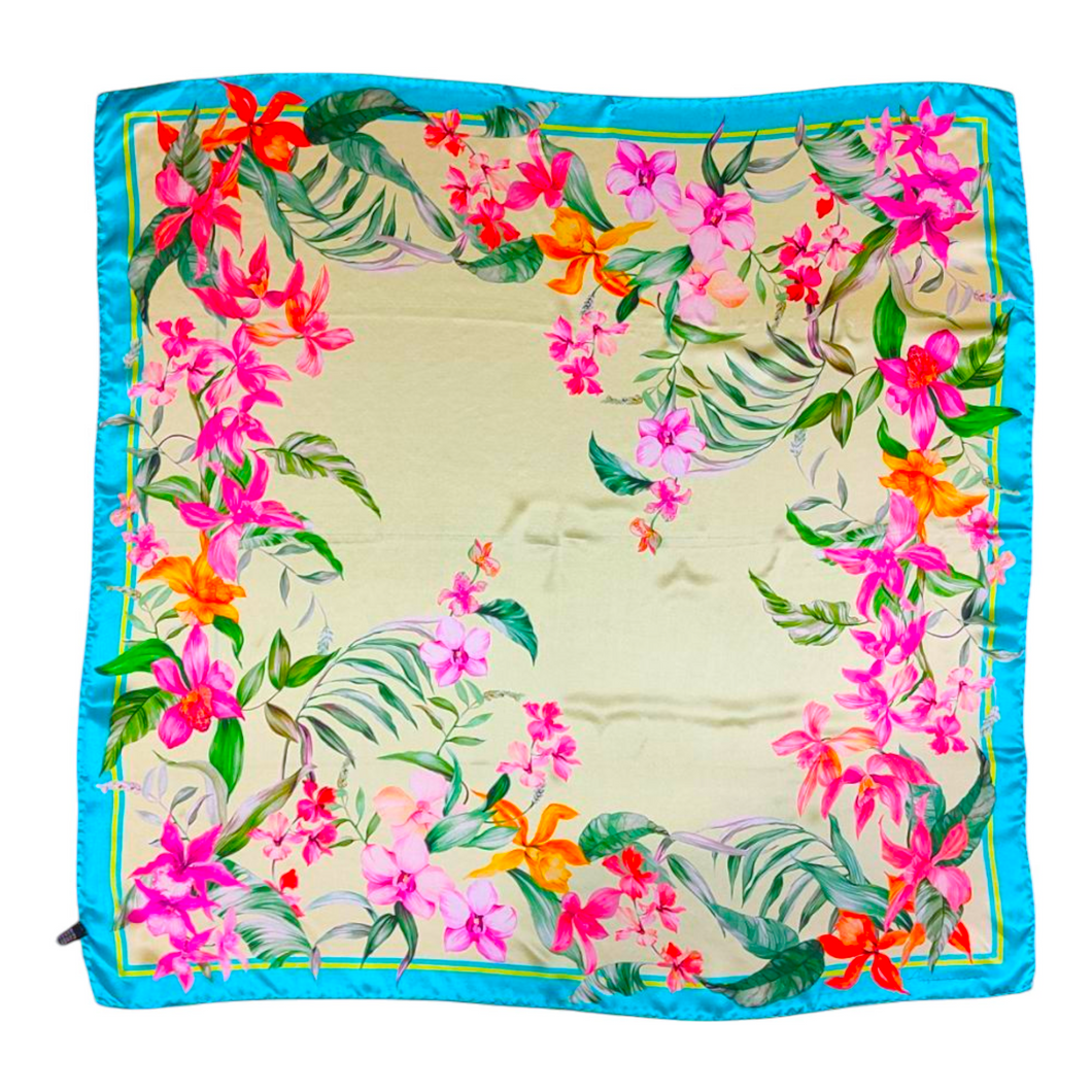 Foulard donna in pura seta 90x90 cm con fantasia floreale tropicale su base color turchese - ACQUAMARINE
