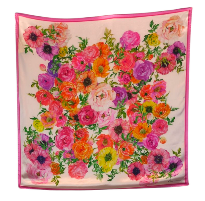 Foulard donna pura seta ACQUAMARINE 90x90 cm fantasia floreale rosa, accessorio elegante Made in Italy