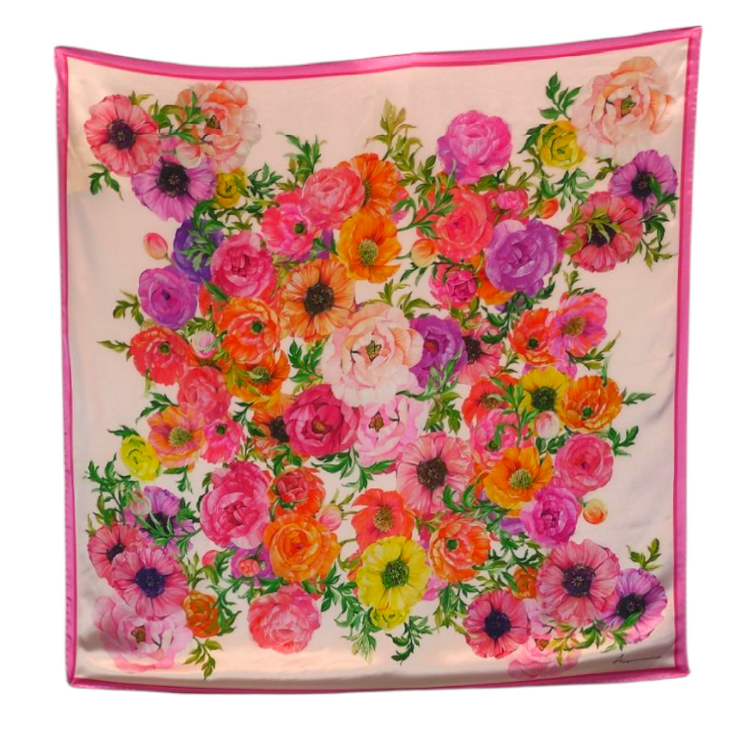 Foulard donna pura seta ACQUAMARINE 90x90 cm fantasia floreale rosa, accessorio elegante Made in Italy