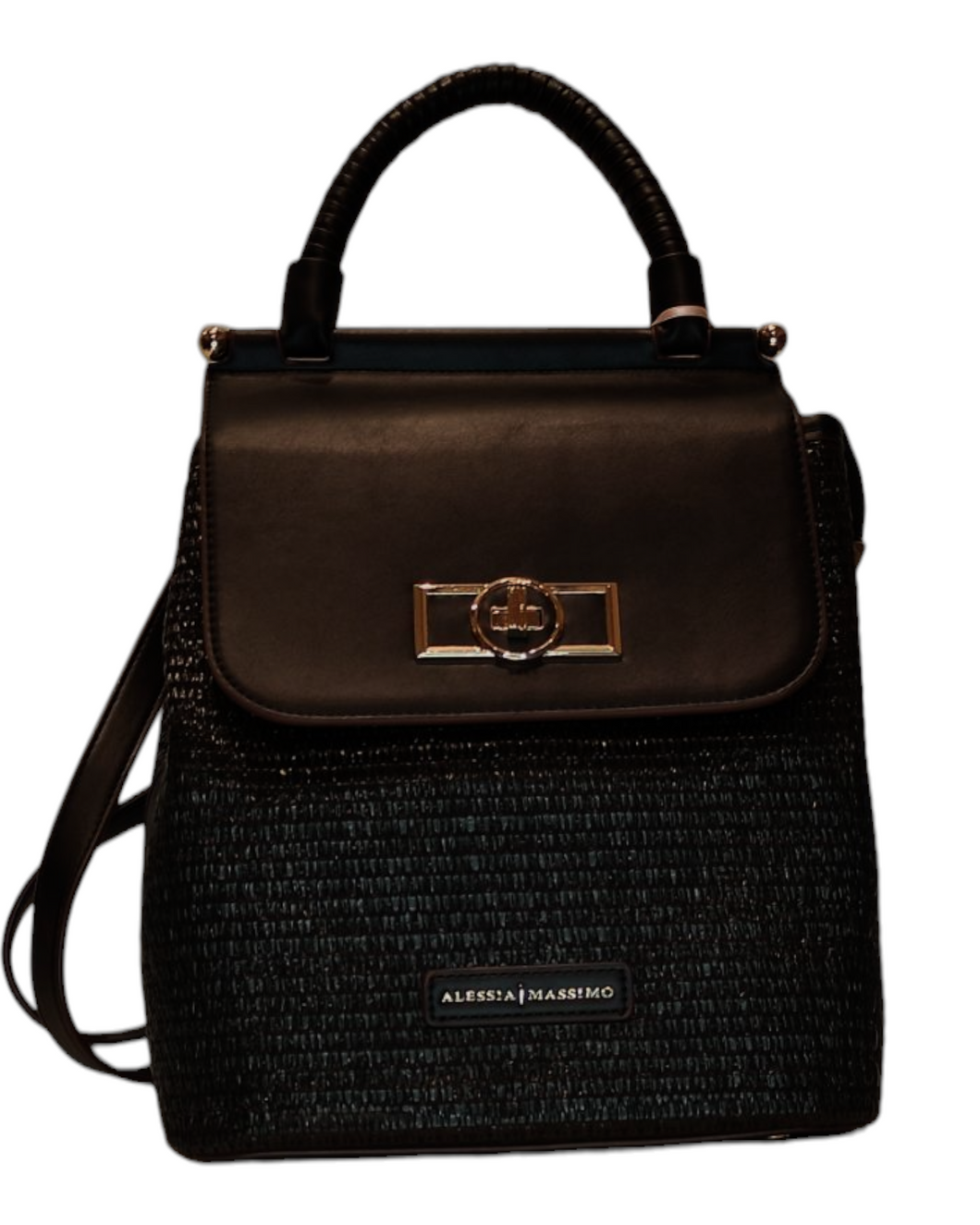 Zaino in rafia e eco pelle Alessia Massimo, nero, dimensioni 30x24x12,5 cm, perfetto per look casual chic.